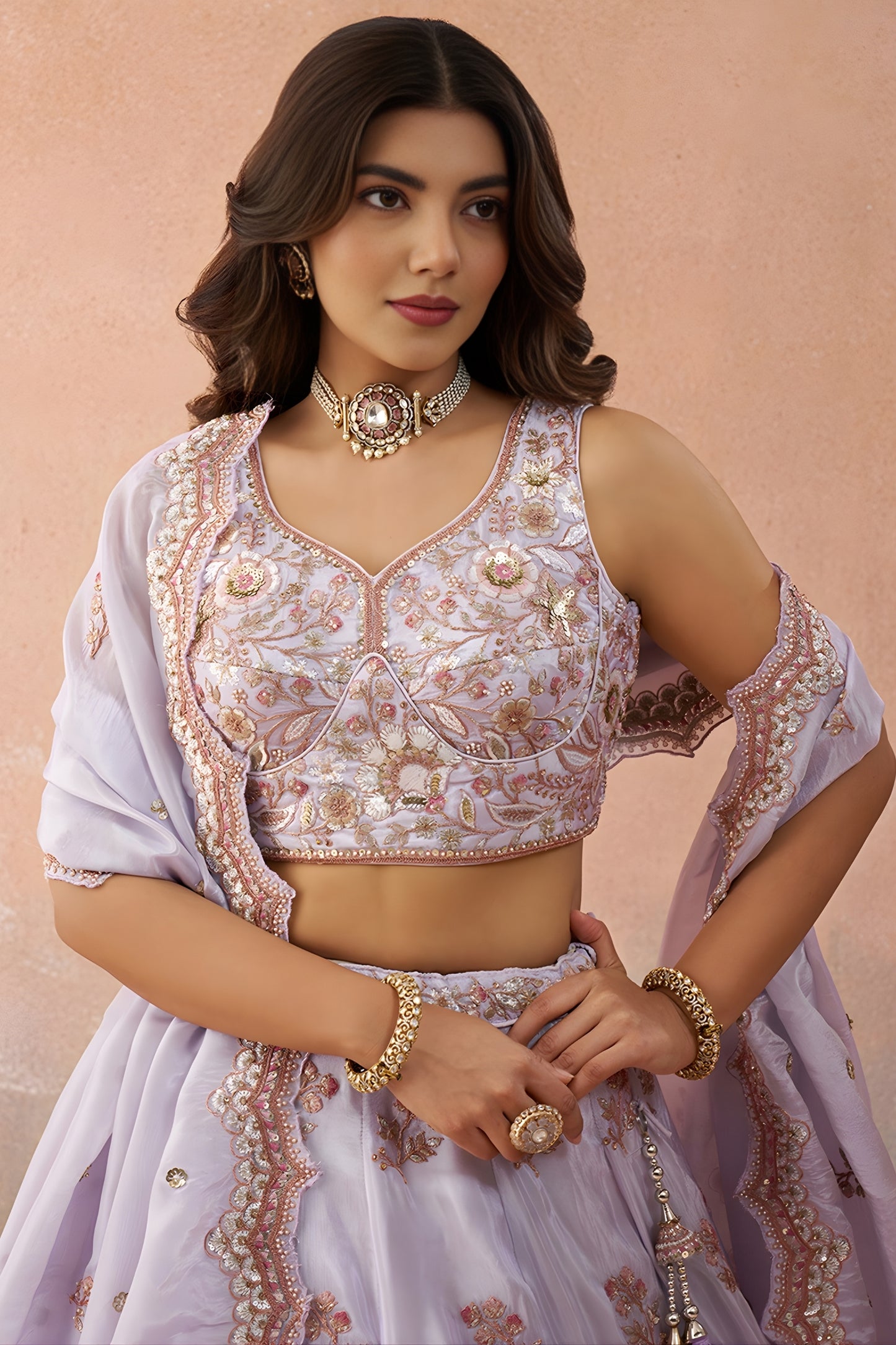 Elegant Lavender Tissue Semi-Stitched Embroidered Lehenga Choli with Dupatta