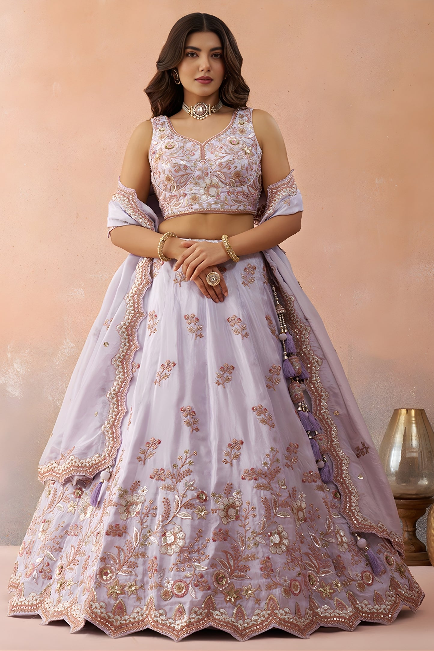Elegant Lavender Tissue Semi-Stitched Embroidered Lehenga Choli with Dupatta