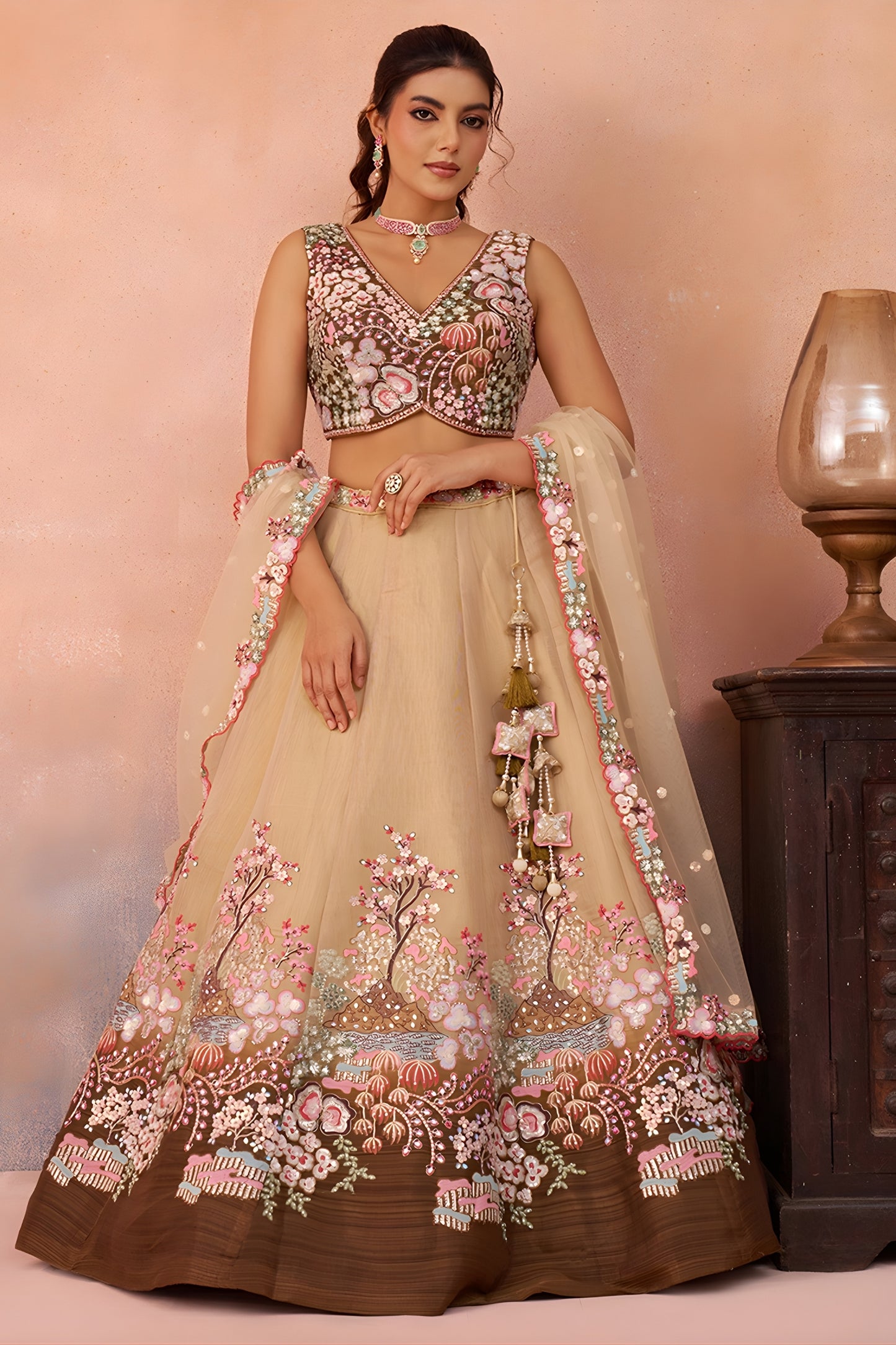 Trendy Beige and Brown Semi-Stitched Net Embroidered Lehenga Choli with Dupatta