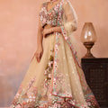 Trendy Beige and Brown Semi-Stitched Net Embroidered Lehenga Choli with Dupatta