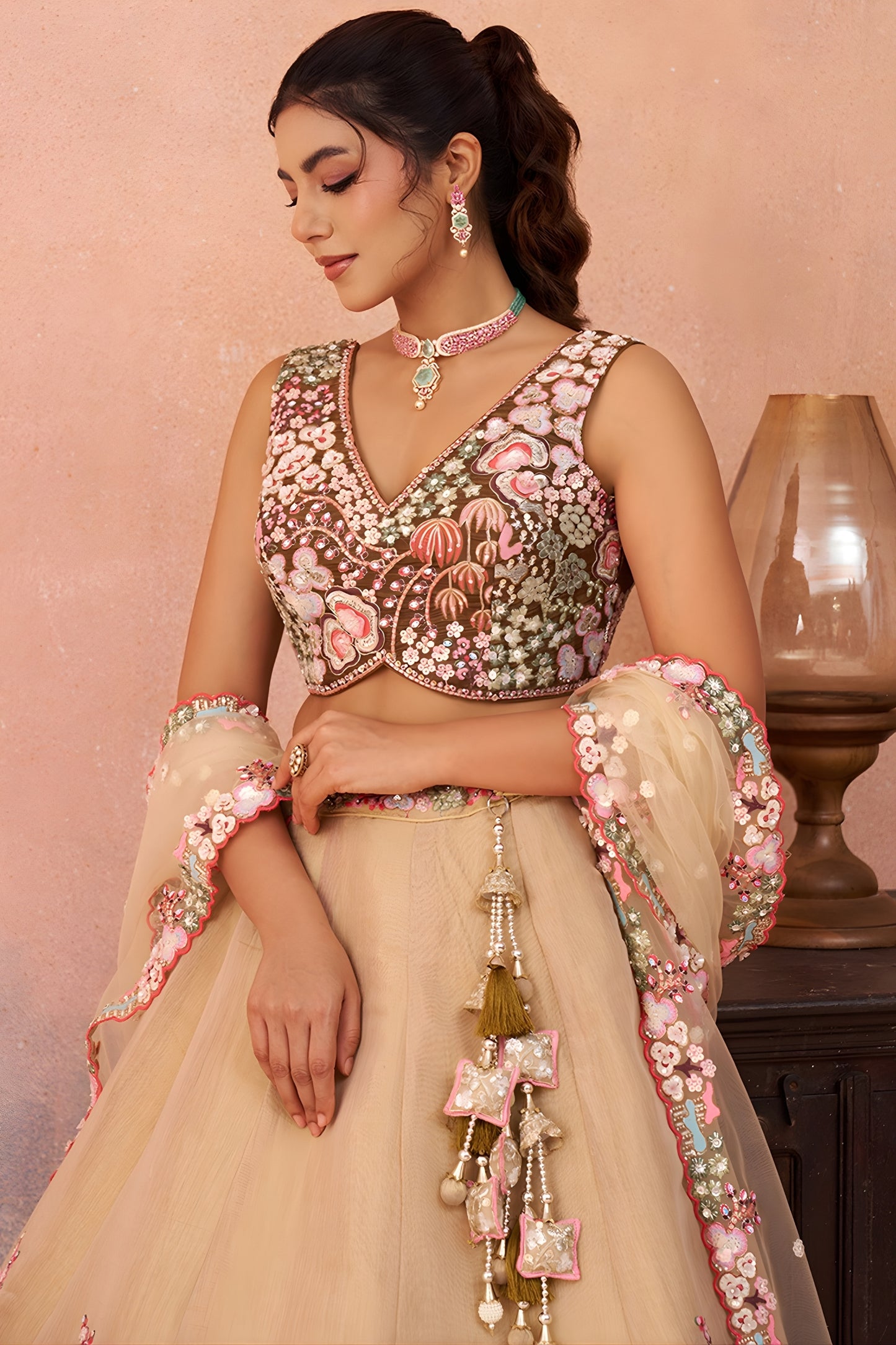 Trendy Beige and Brown Semi-Stitched Net Embroidered Lehenga Choli with Dupatta
