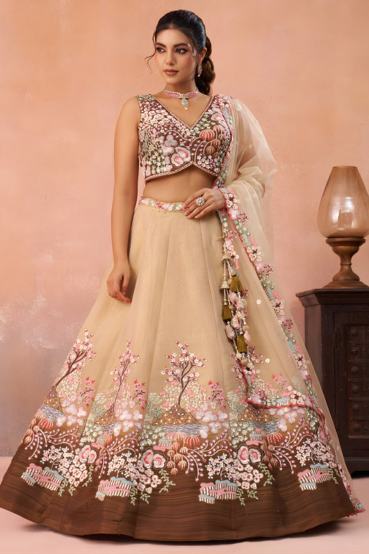 Trendy Beige and Brown Semi-Stitched Net Embroidered Lehenga Choli with Dupatta