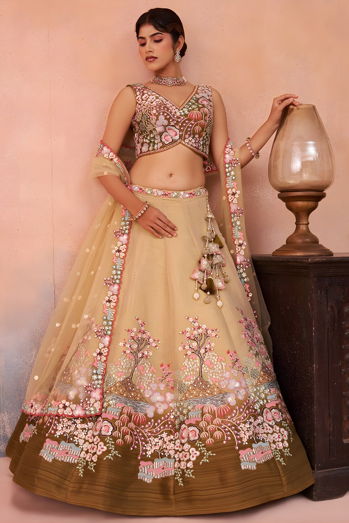 Fancy Beige and Brown Semi-Stitched Net Embroidered Lehenga Choli with Dupatta