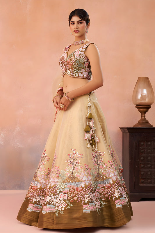 Fancy Beige and Brown Semi-Stitched Net Embroidered Lehenga Choli with Dupatta