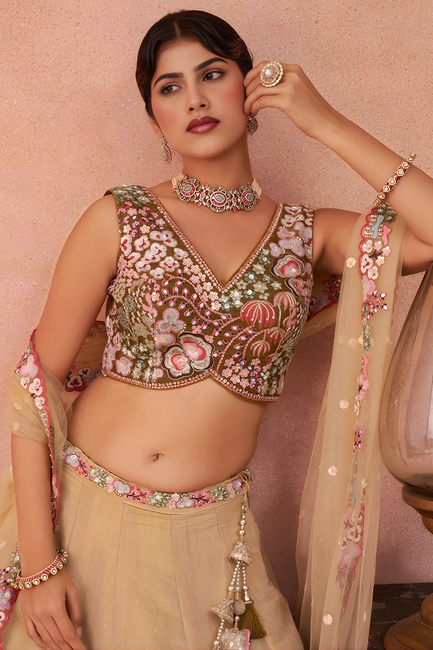 Fancy Beige and Brown Semi-Stitched Net Embroidered Lehenga Choli with Dupatta