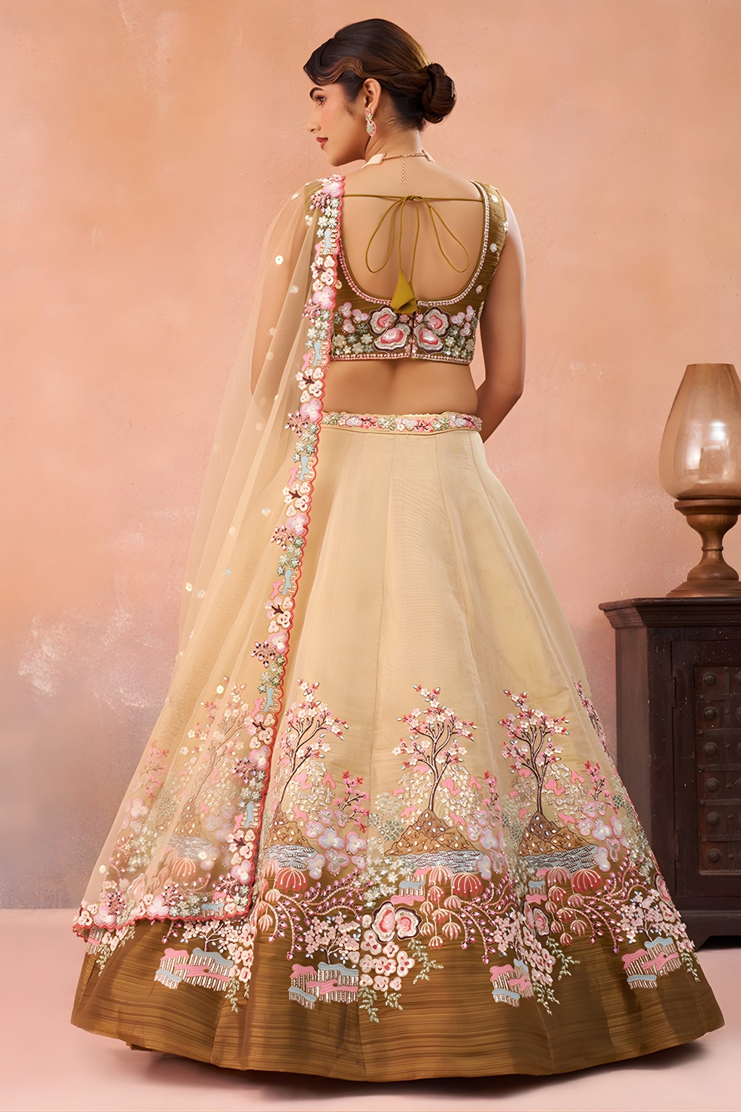 Fancy Beige and Brown Semi-Stitched Net Embroidered Lehenga Choli with Dupatta