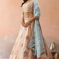 Lovely Peach Tissue Semi-Stitched Embroidered Lehenga Choli with Sky Blue Dupatta