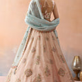 Lovely Peach Tissue Semi-Stitched Embroidered Lehenga Choli with Sky Blue Dupatta