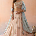 Lovely Peach Tissue Semi-Stitched Embroidered Lehenga Choli with Sky Blue Dupatta