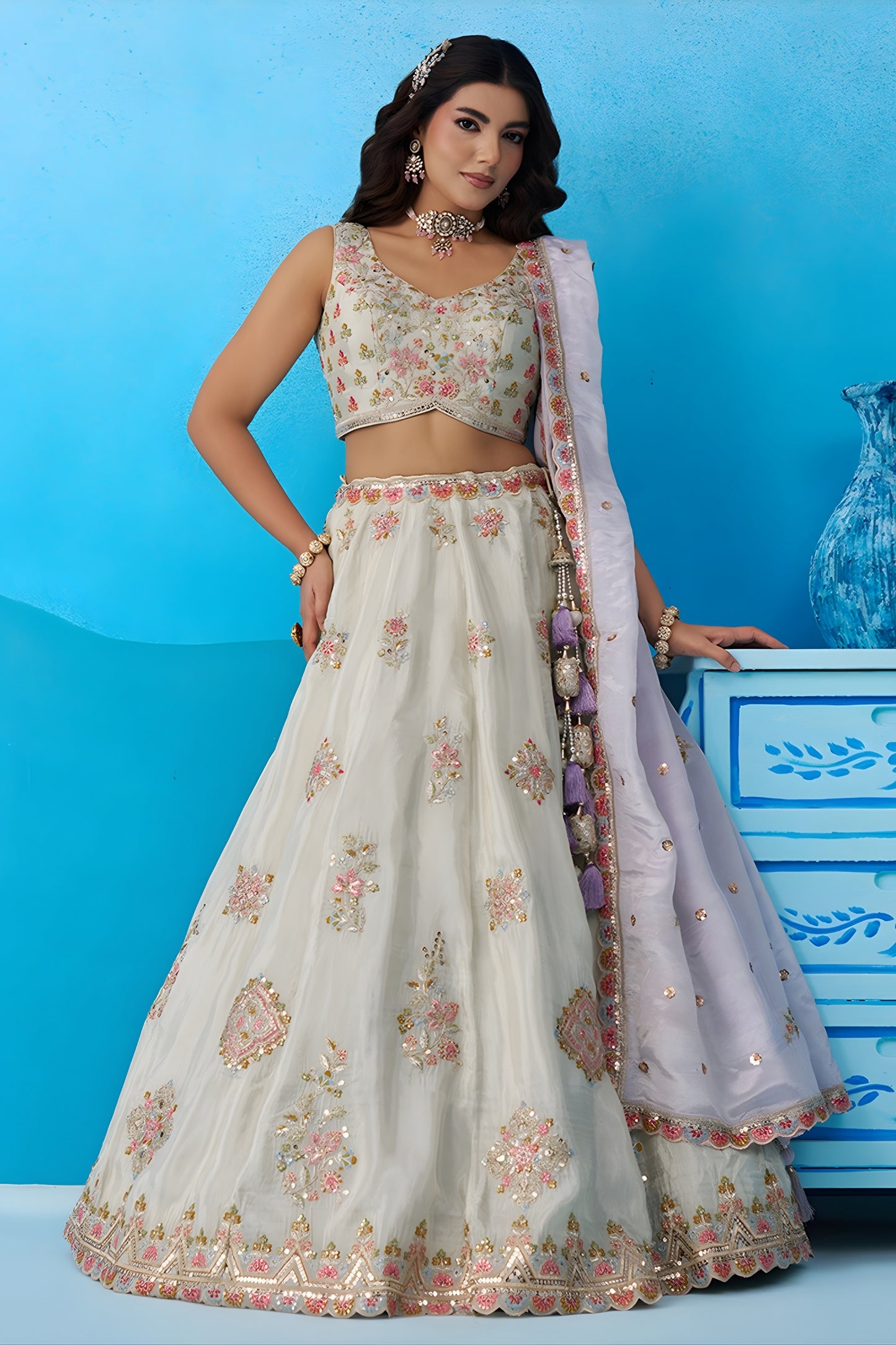 Admiring Off White Semi-Stitched Embroidered Lehenga Choli with Lavender Dupatta
