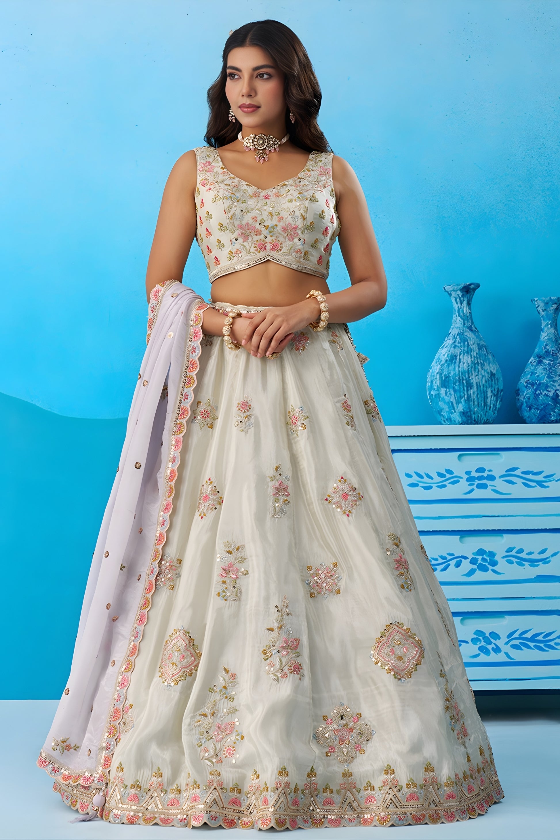 Admiring Off White Semi-Stitched Embroidered Lehenga Choli with Lavender Dupatta