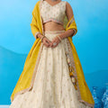 Luxury Cream Semi-Stitched Embroidered Lehenga Choli with Yellow Dupatta