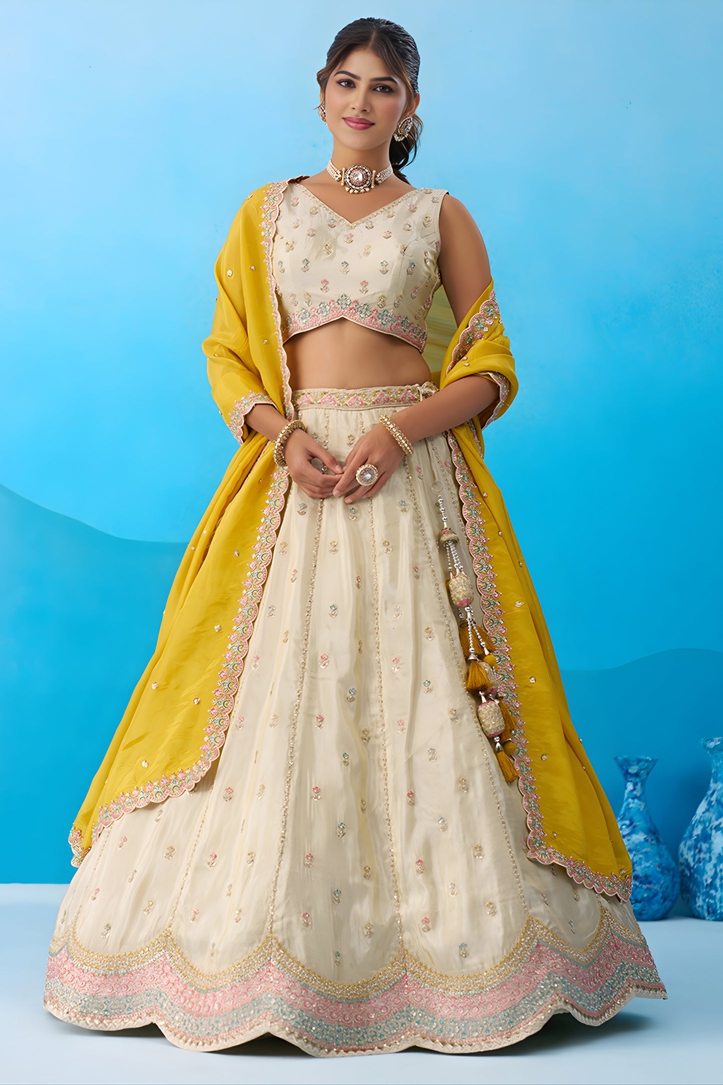 Luxury Cream Semi-Stitched Embroidered Lehenga Choli with Yellow Dupatta