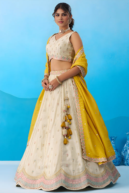 Luxury Cream Semi-Stitched Embroidered Lehenga Choli with Yellow Dupatta