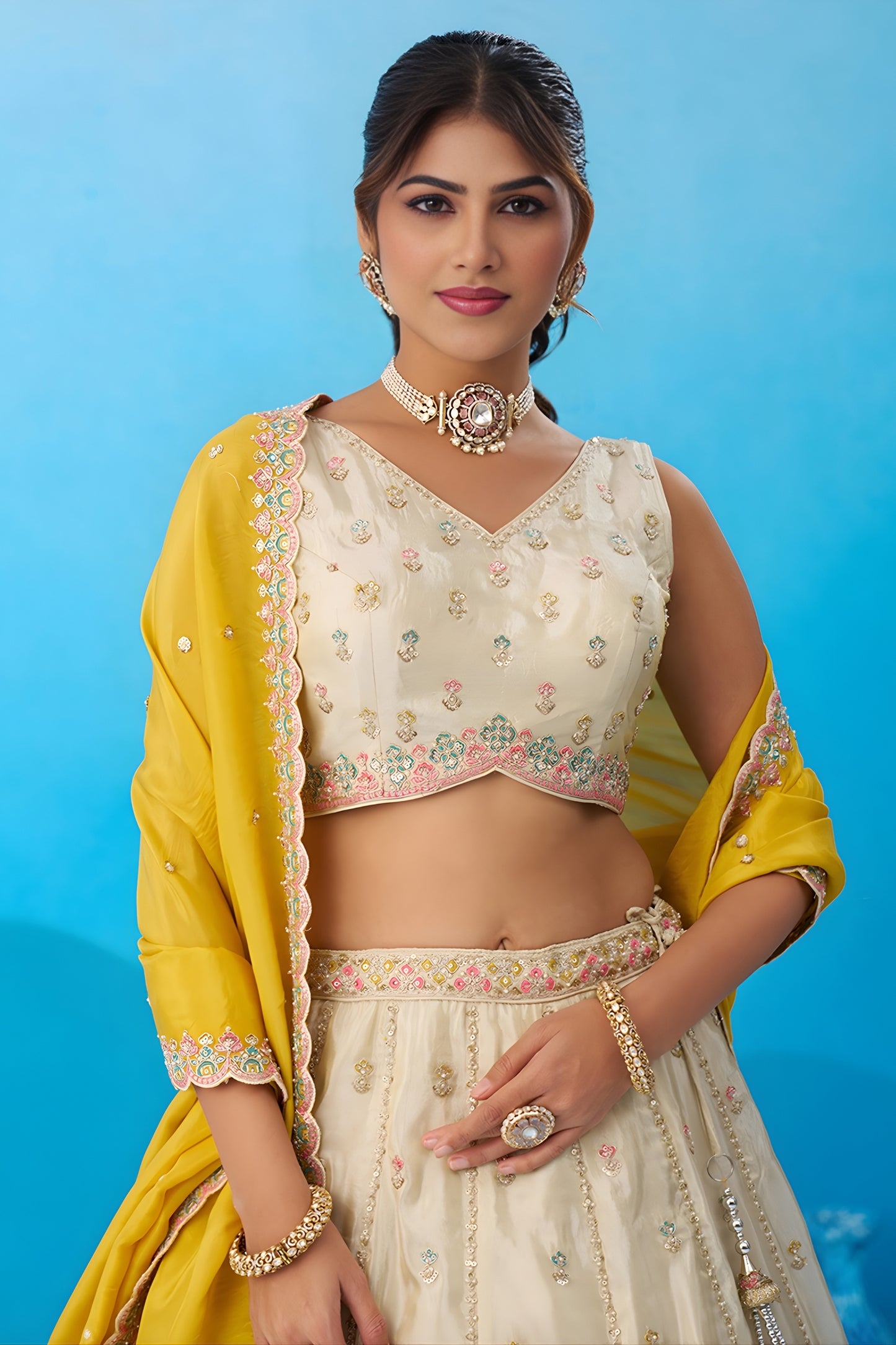 Luxury Cream Semi-Stitched Embroidered Lehenga Choli with Yellow Dupatta
