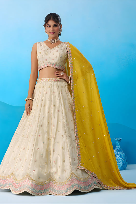 Luxury Cream Semi-Stitched Embroidered Lehenga Choli with Yellow Dupatta