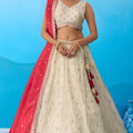 Stylish Cream Semi-Stitched Embroidered Lehenga Choli with Red Dupatta