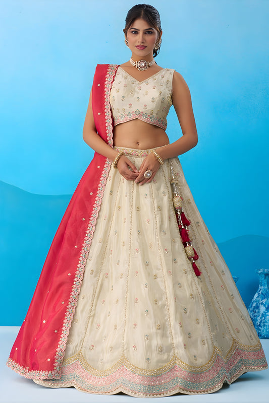 Stylish Cream Semi-Stitched Embroidered Lehenga Choli with Red Dupatta
