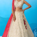 Stylish Cream Semi-Stitched Embroidered Lehenga Choli with Red Dupatta