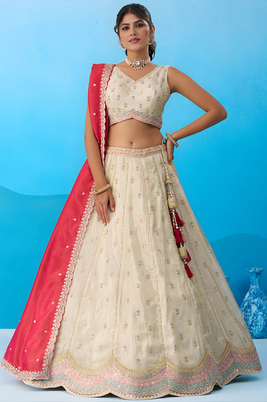 Stylish Cream Semi-Stitched Embroidered Lehenga Choli with Red Dupatta