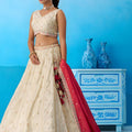 Stylish Cream Semi-Stitched Embroidered Lehenga Choli with Red Dupatta