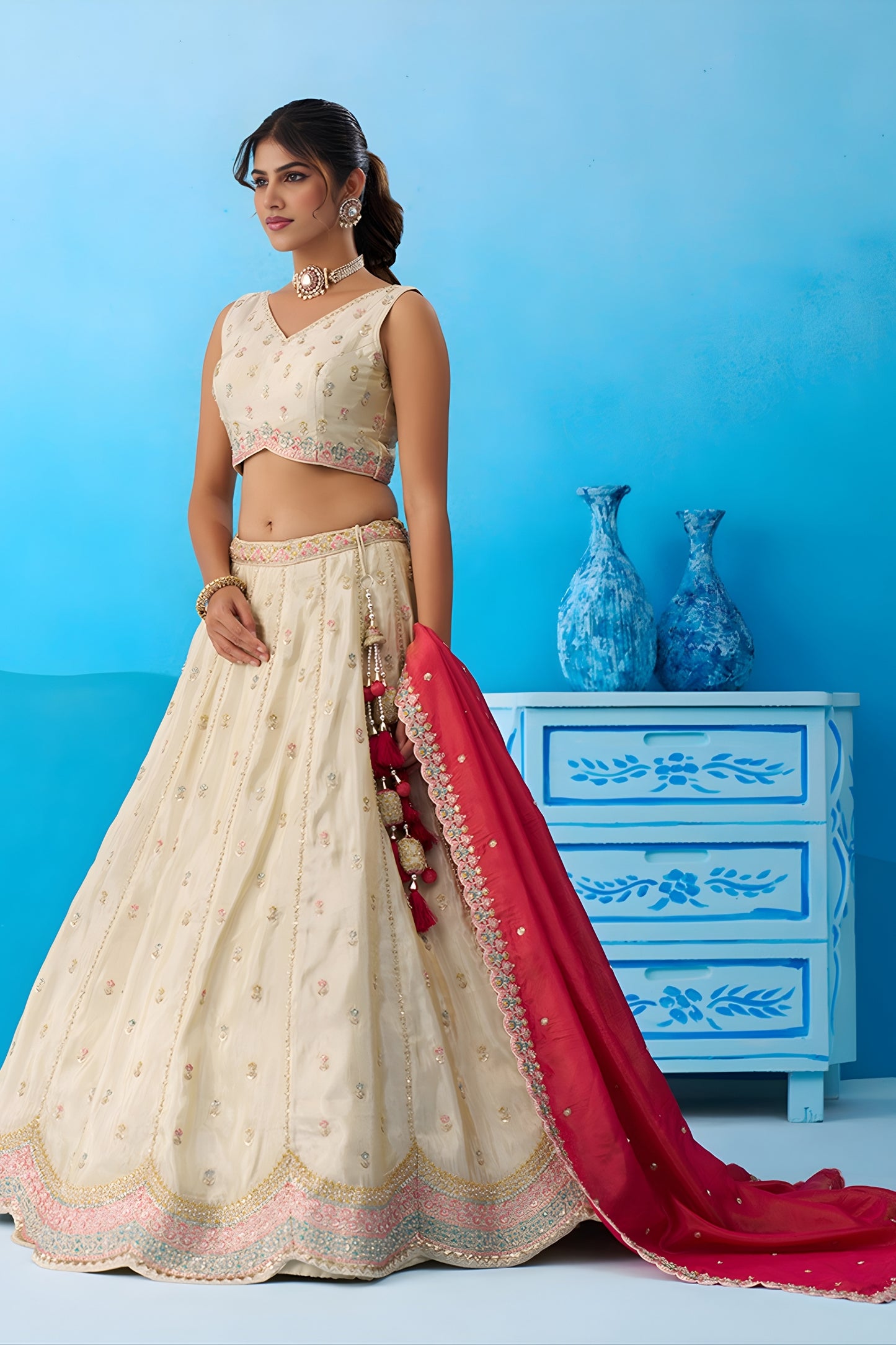 Stylish Cream Semi-Stitched Embroidered Lehenga Choli with Red Dupatta