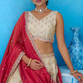 Stylish Cream Semi-Stitched Embroidered Lehenga Choli with Red Dupatta