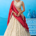 Stylish Cream Semi-Stitched Embroidered Lehenga Choli with Red Dupatta