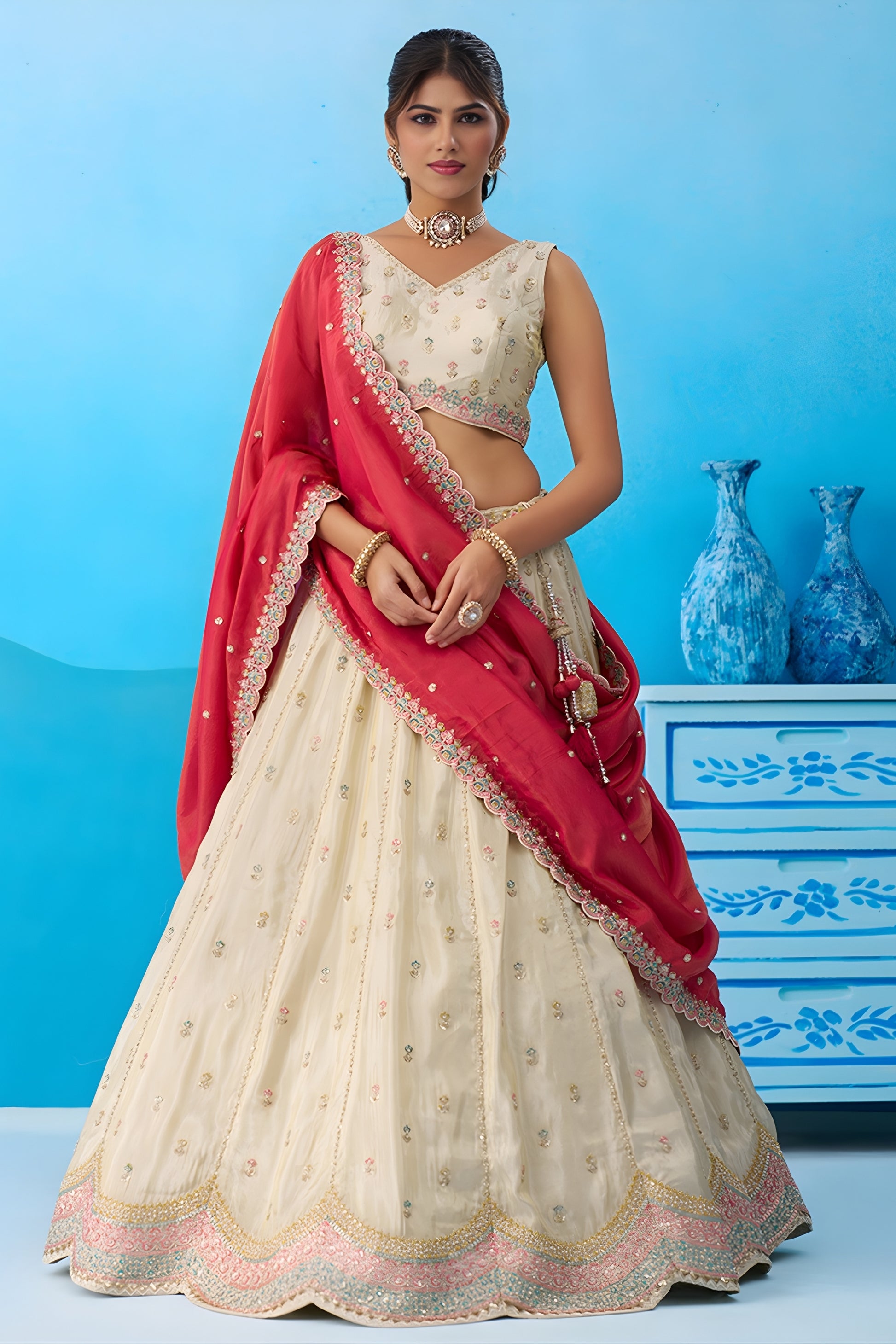 Stylish Cream Semi-Stitched Embroidered Lehenga Choli with Red Dupatta