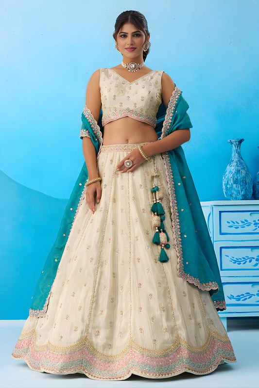 Traditional Cream Semi-Stitched Embroidered Lehenga Choli with Teal Green Dupatta