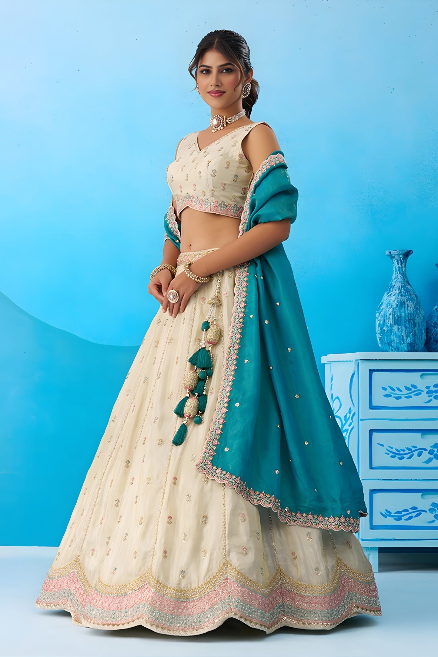 Traditional Cream Semi-Stitched Embroidered Lehenga Choli with Teal Green Dupatta