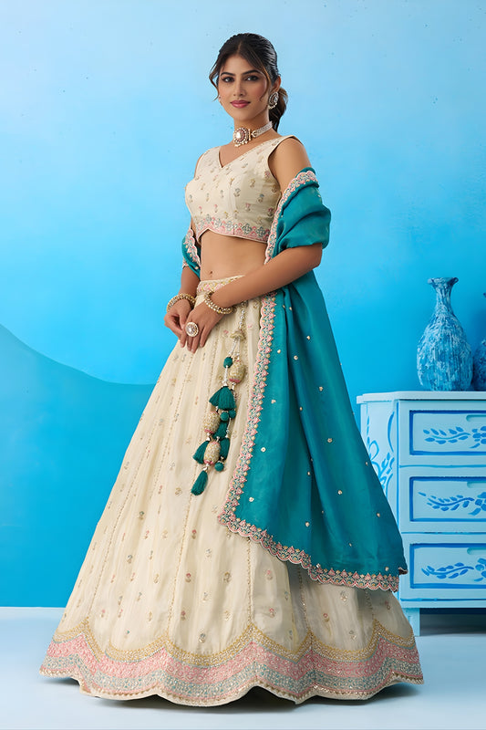 Traditional Cream Semi-Stitched Embroidered Lehenga Choli with Teal Green Dupatta