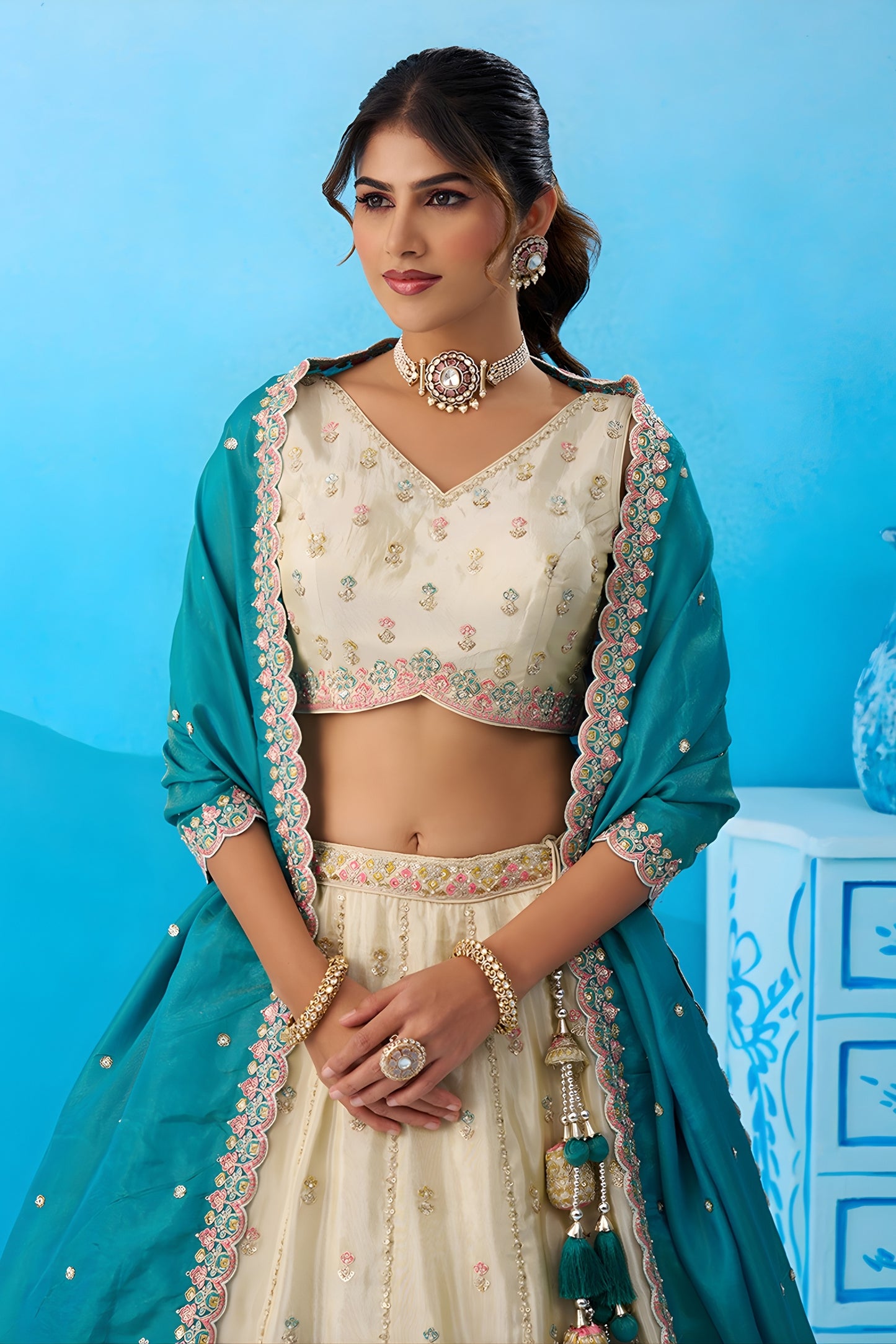 Traditional Cream Semi-Stitched Embroidered Lehenga Choli with Teal Green Dupatta