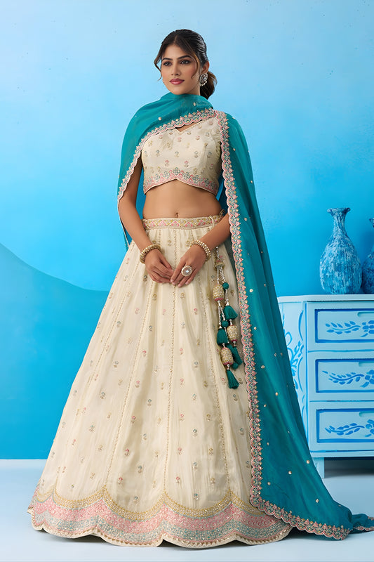 Traditional Cream Semi-Stitched Embroidered Lehenga Choli with Teal Green Dupatta