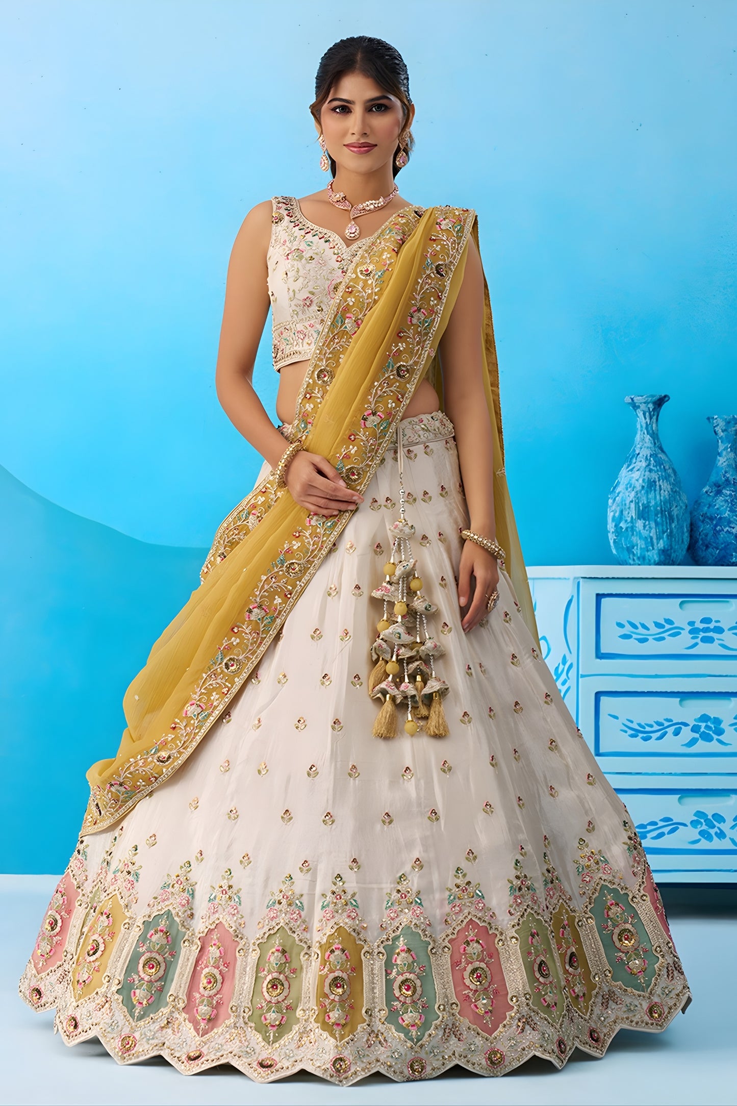 Amazing Cream Semi-Stitched Embroidered Lehenga Choli with Mustard Yellow Dupatta