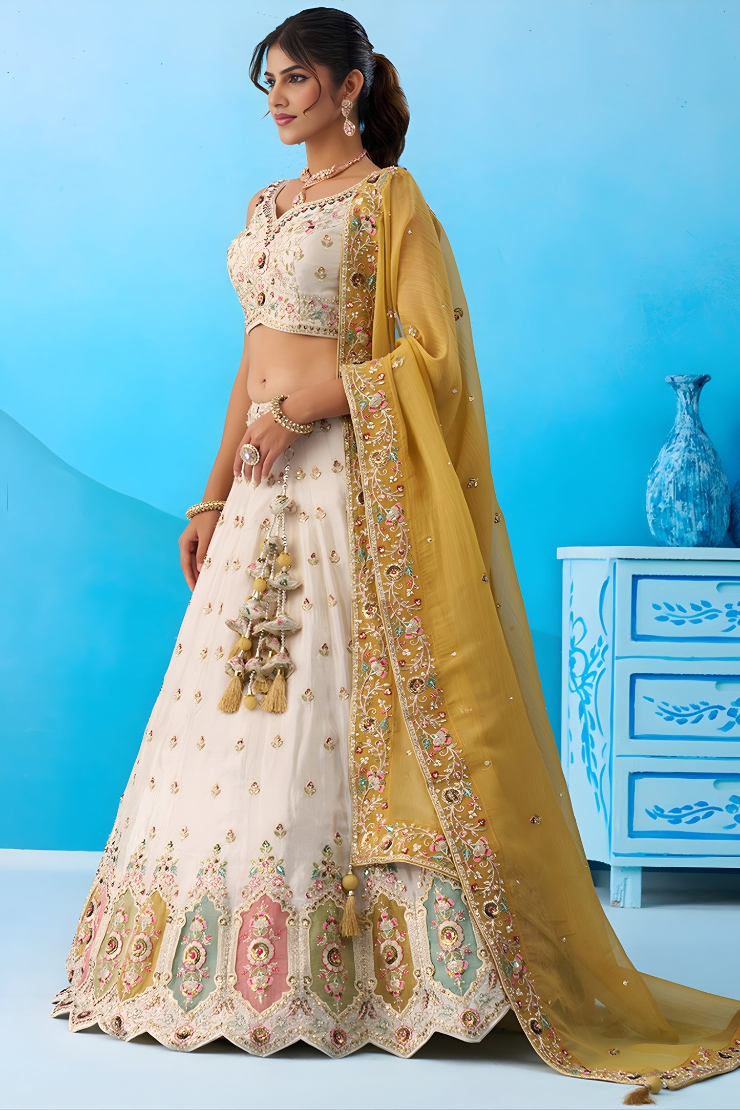 Amazing Cream Semi-Stitched Embroidered Lehenga Choli with Mustard Yellow Dupatta