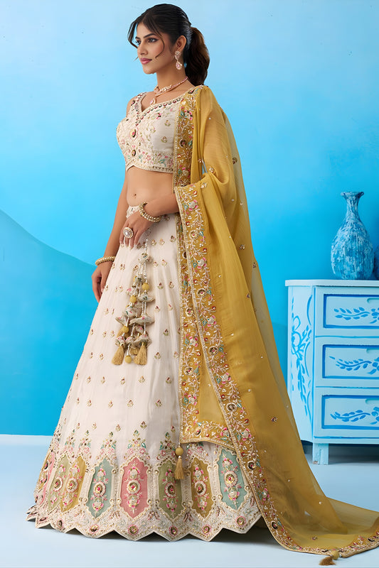 Amazing Cream Semi-Stitched Embroidered Lehenga Choli with Mustard Yellow Dupatta