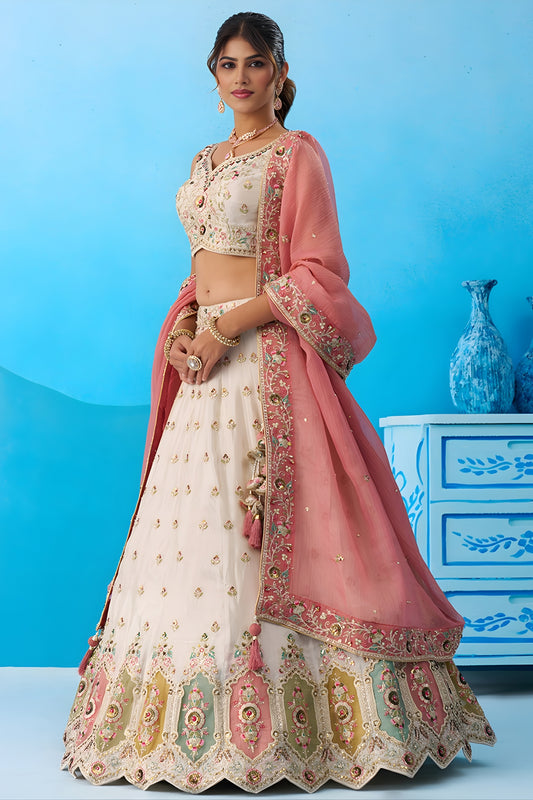 Lovable Cream Semi-Stitched Embroidered Lehenga Choli with Pink Dupatta