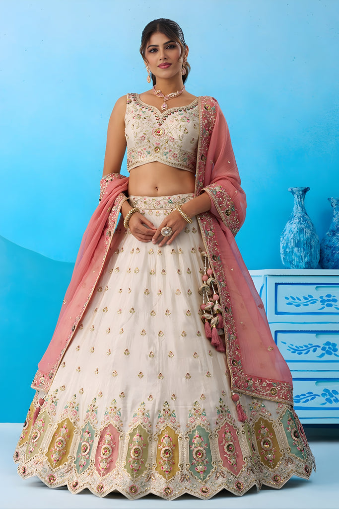 Lovable Cream Semi-Stitched Embroidered Lehenga Choli with Pink Dupatta