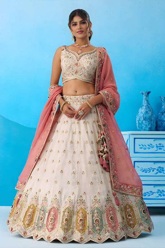 Lovable Cream Semi-Stitched Embroidered Lehenga Choli with Pink Dupatta