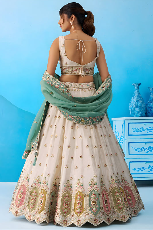 Beautiful Cream Semi-Stitched Embroidered Lehenga Choli with Sea Green Dupatta