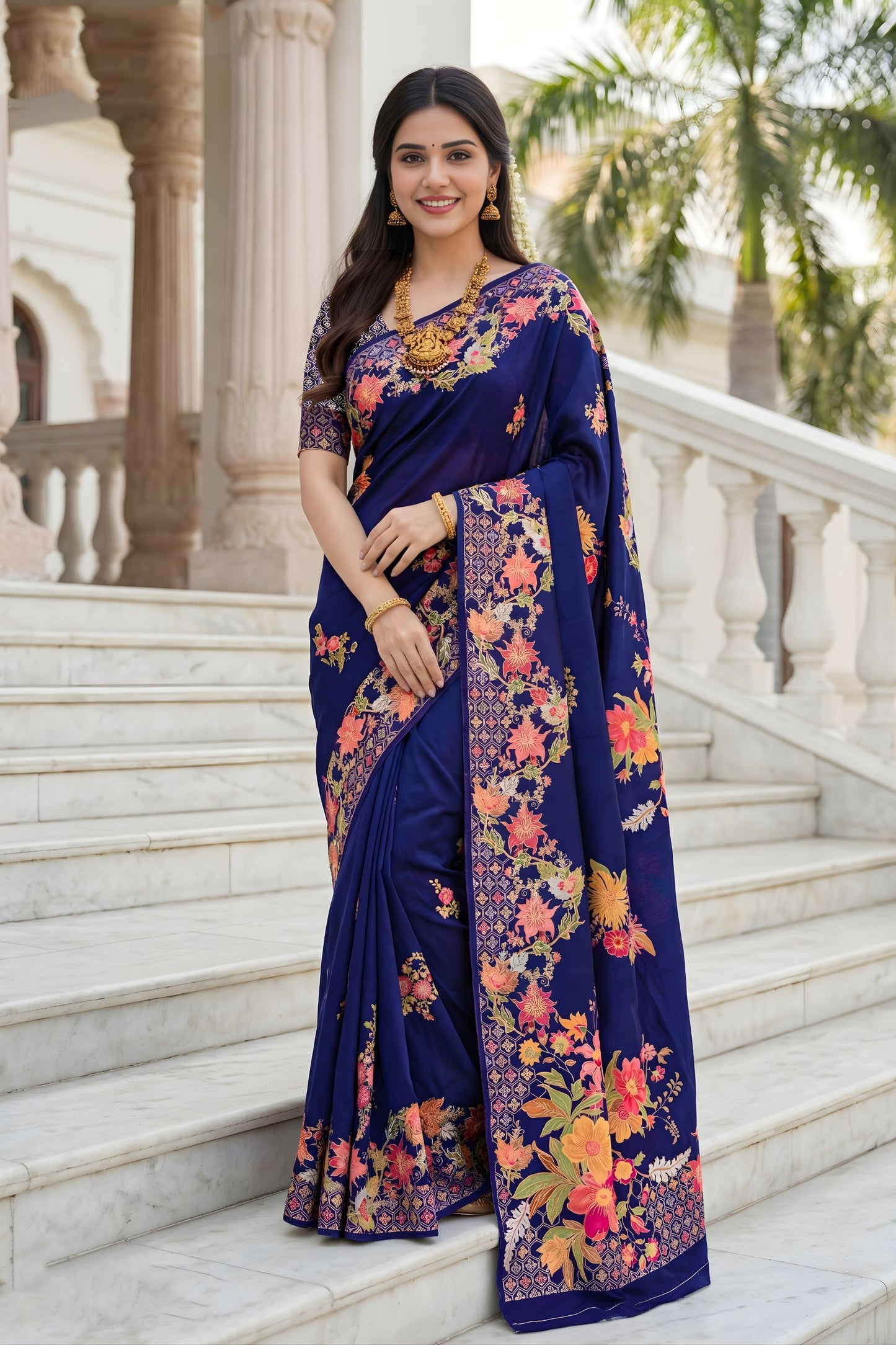 Navy Blue Floral Silk Saree with Designer Border Traditional Saree