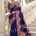 Navy Blue Floral Silk Saree with Designer Border Traditional Saree 