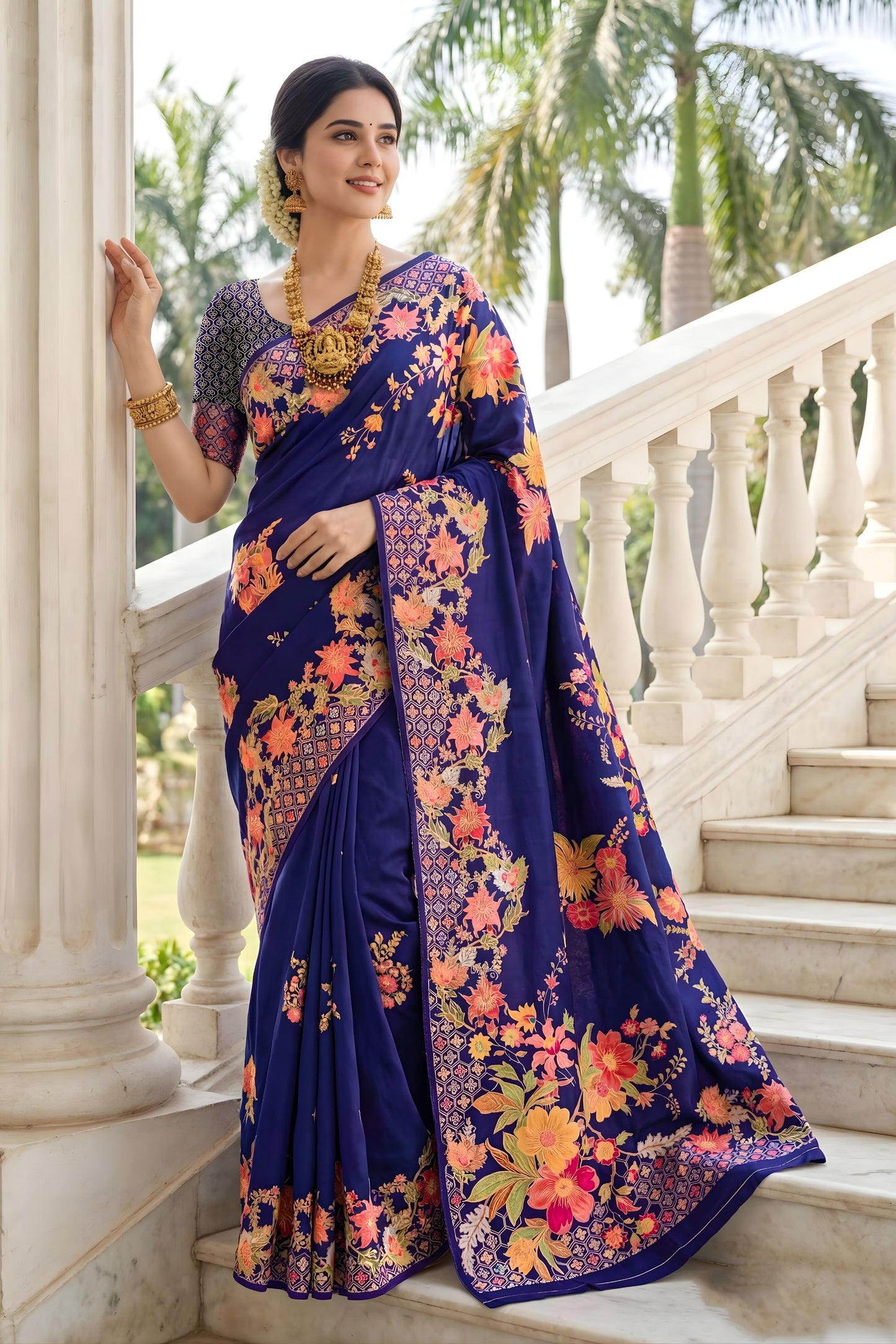 Navy Blue Floral Silk Saree with Designer Border Traditional Saree 