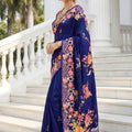 Navy Blue Floral Silk Saree with Designer Border Traditional Saree