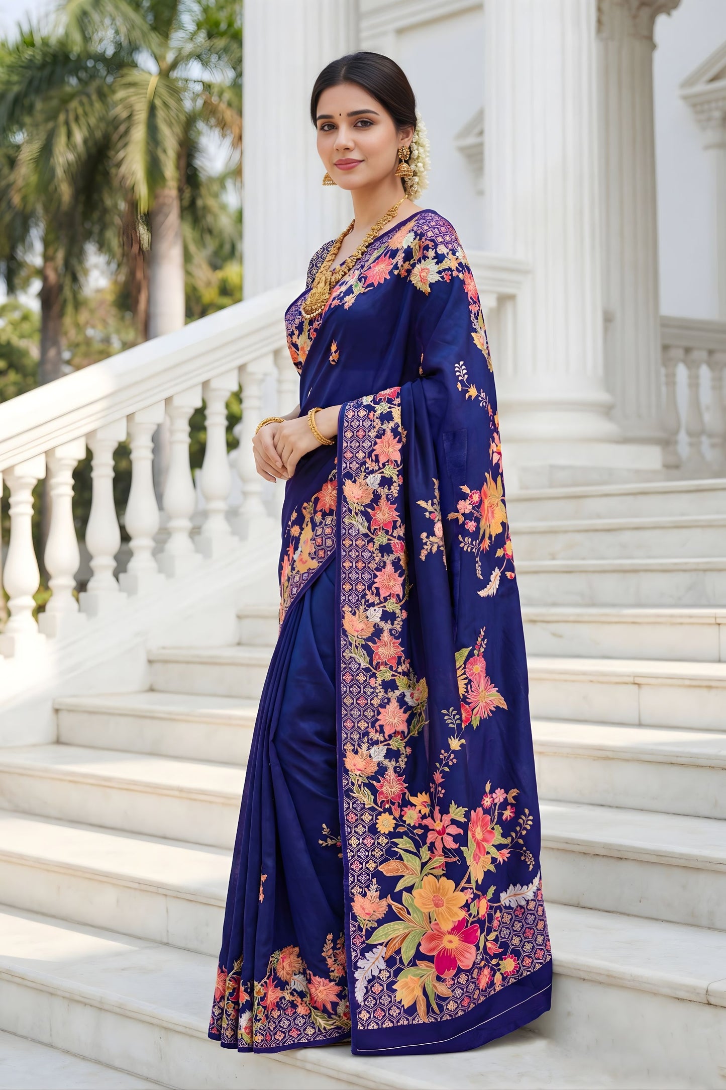 Navy Blue Floral Silk Saree with Designer Border Traditional Saree
