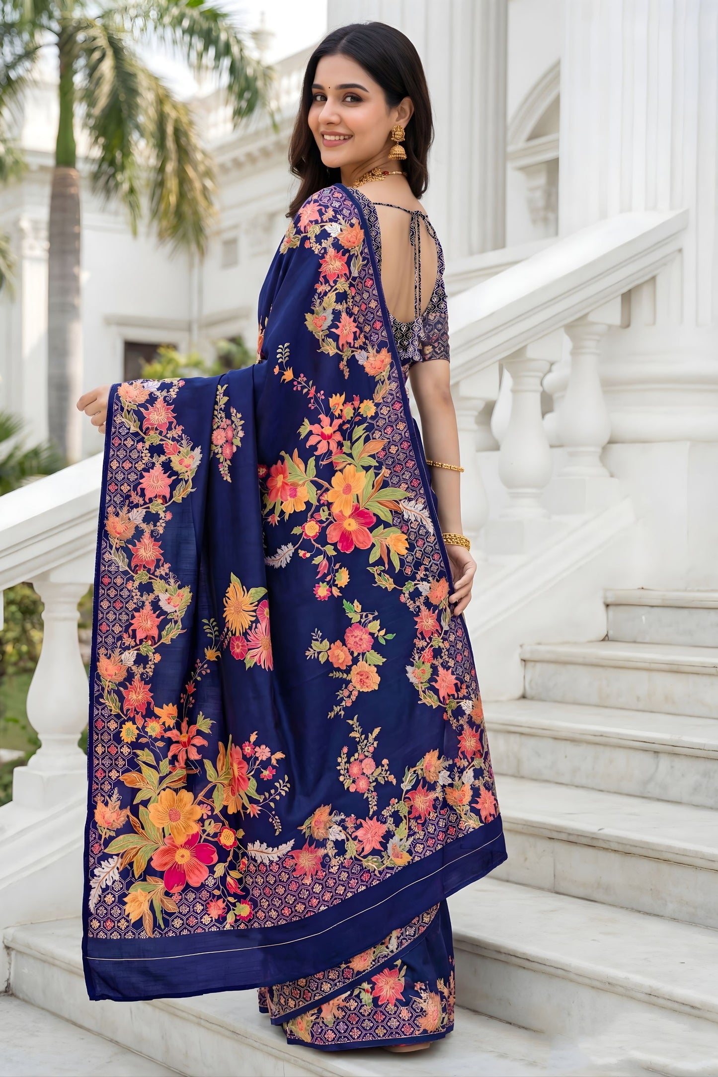 Navy Blue Floral Silk Saree with Designer Border Traditional Saree