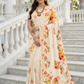 Elegant Cream Floral Printed Cotton Saree with Traditional Border