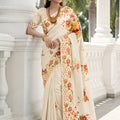 Elegant Cream Floral Printed Cotton Saree with Traditional Border