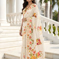 Elegant Cream Floral Printed Cotton Saree with Traditional Border